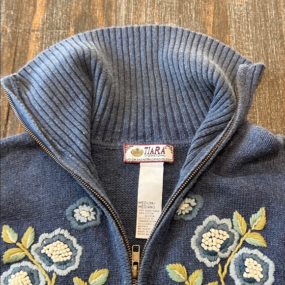Embroidered Zip-Front Cardigan Sweater in Denim Blue - Picture 2 of 9